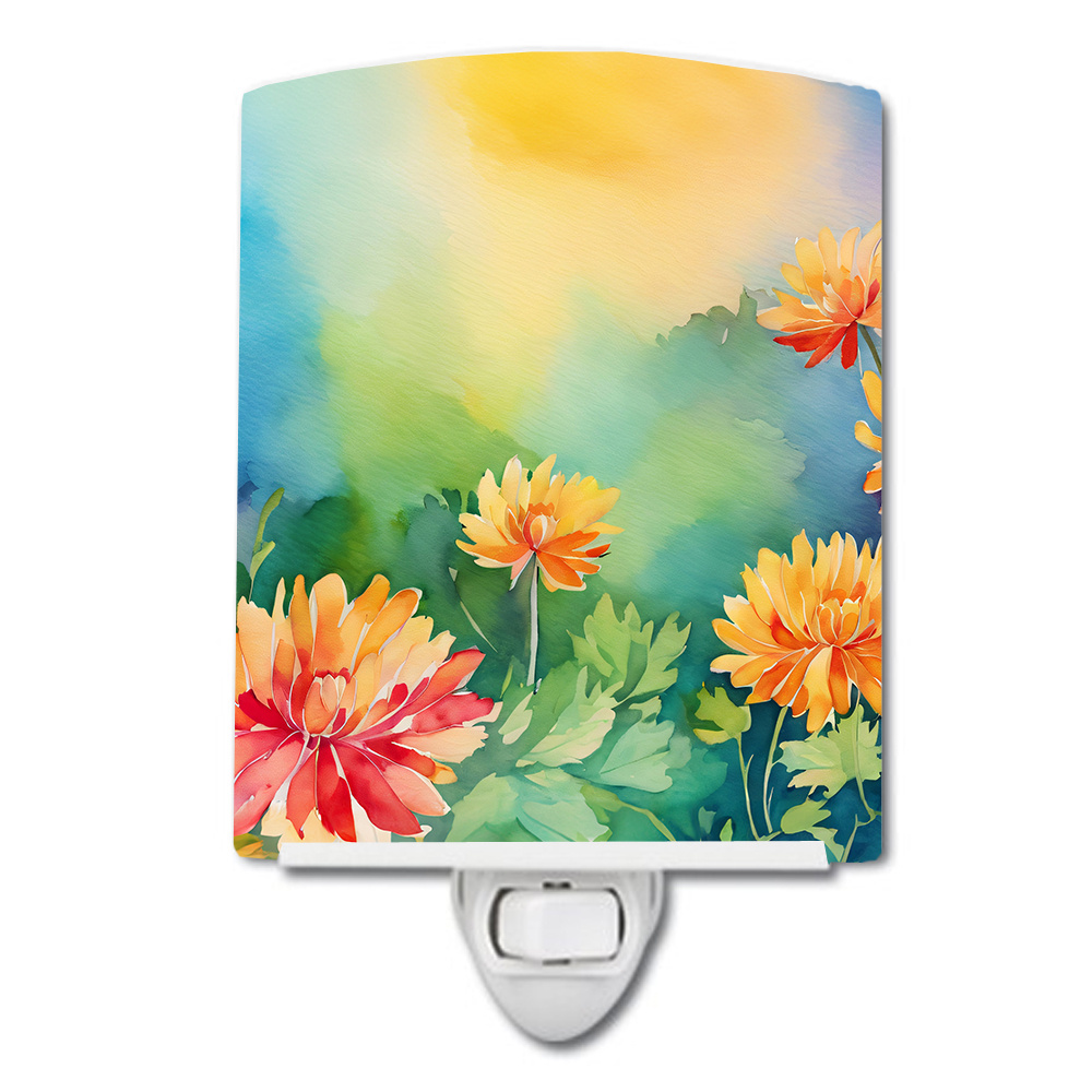NEW Chrysanthemums in Watercolor Ceramic Night Light Compact, UL-Certified, Ideal for Bedroom, Bathroom, Nursery, Hallway, Kitchen, 6x4x3, Multicolor