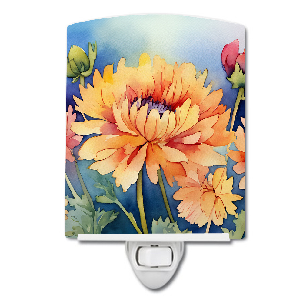 NEW Chrysanthemums in Watercolor Ceramic Night Light Compact, UL-Certified, Ideal for Bedroom, Bathroom, Nursery, Hallway, Kitchen, 6x4x3, Multicolor