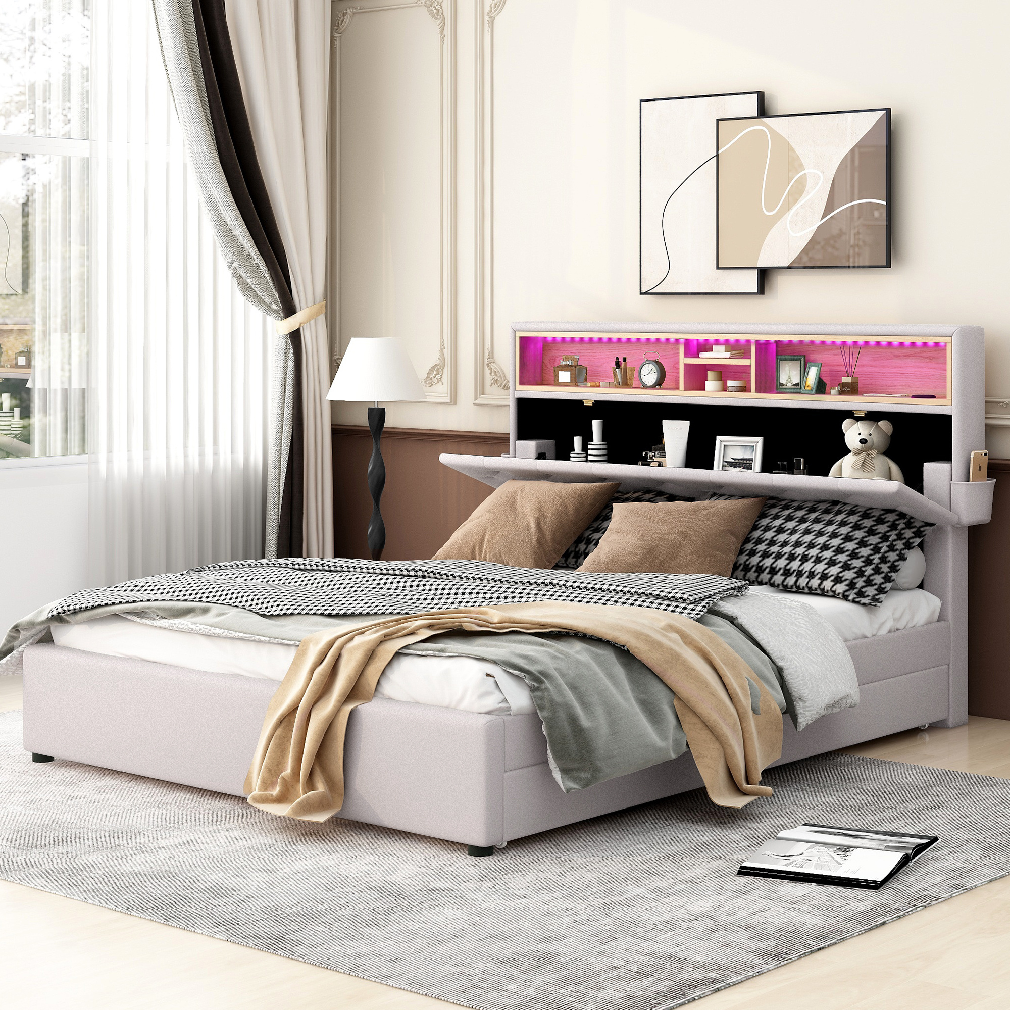 Queen Size Upholstered Platform Bed with Storage Headboard, LED, USB Charging and 2 Drawers