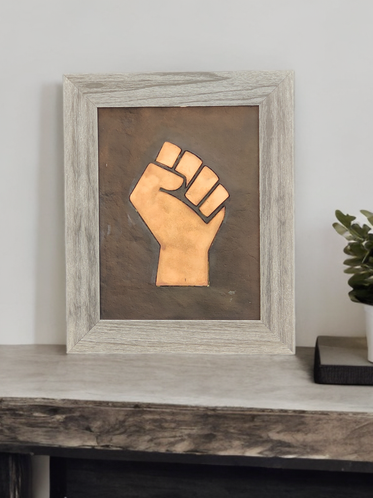 Framed Leather Artwork with Raised Fist of BLACK POWER 