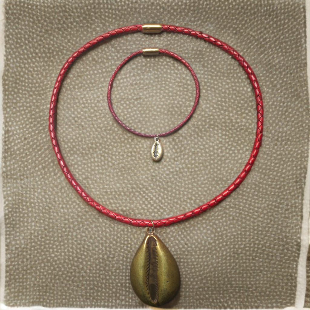 Brass Cowrie Shell Pendant Necklace and Anklet Set