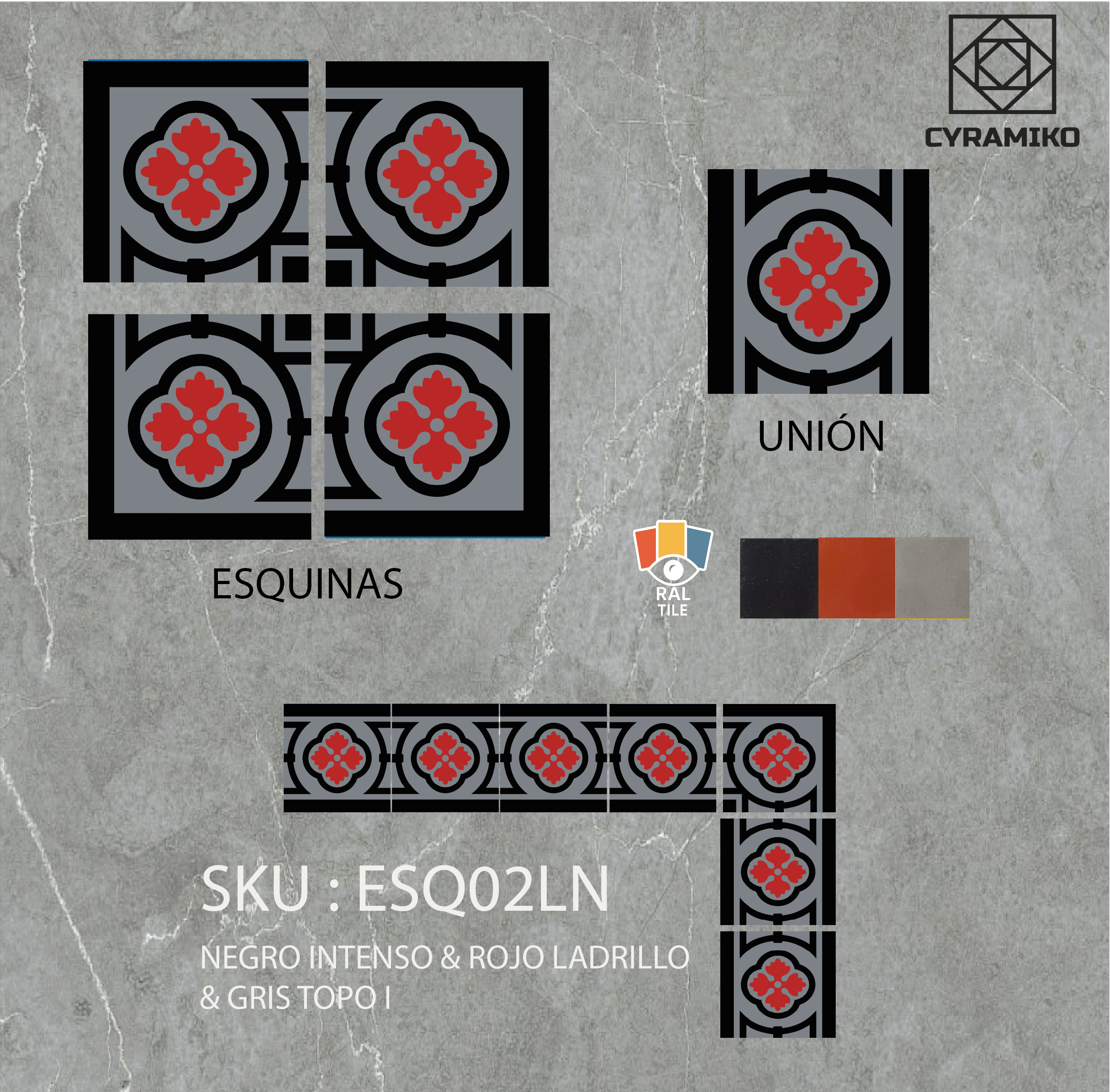 ESQ02LN - NEGRO INTENSO & GRIS TOPO I & LADRILLO ROJO