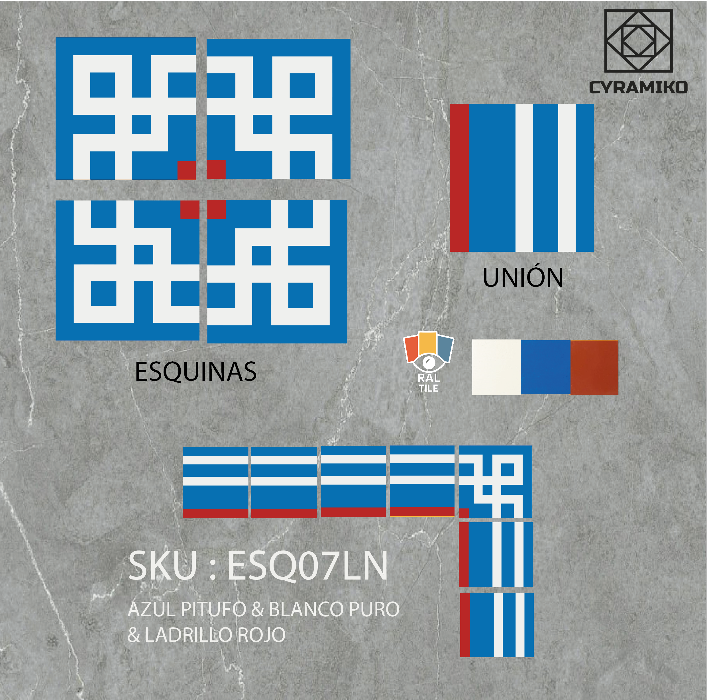 ESQ07LN - AZUL PITUFO & BLANCO PURO & LADRILLO ROJO