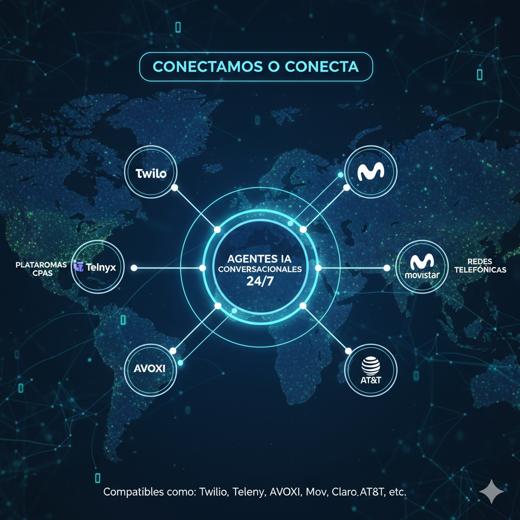 CONECTAMOS o CONECTE  su red telefónica Compatible como: Twilio, Telnyx, AVOXI, Movistar, Claro, AT&T, etc a un Agente IA Conversacional 24/7 