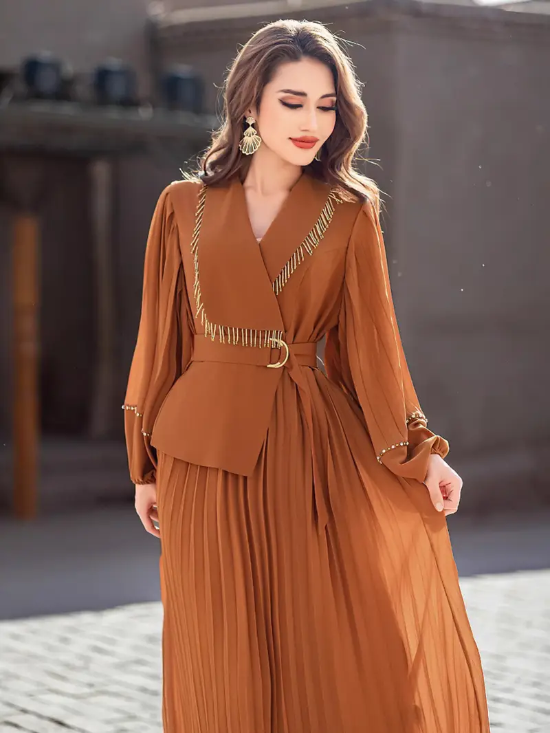 Elegant Long Sleeve Brown Maxi Dress