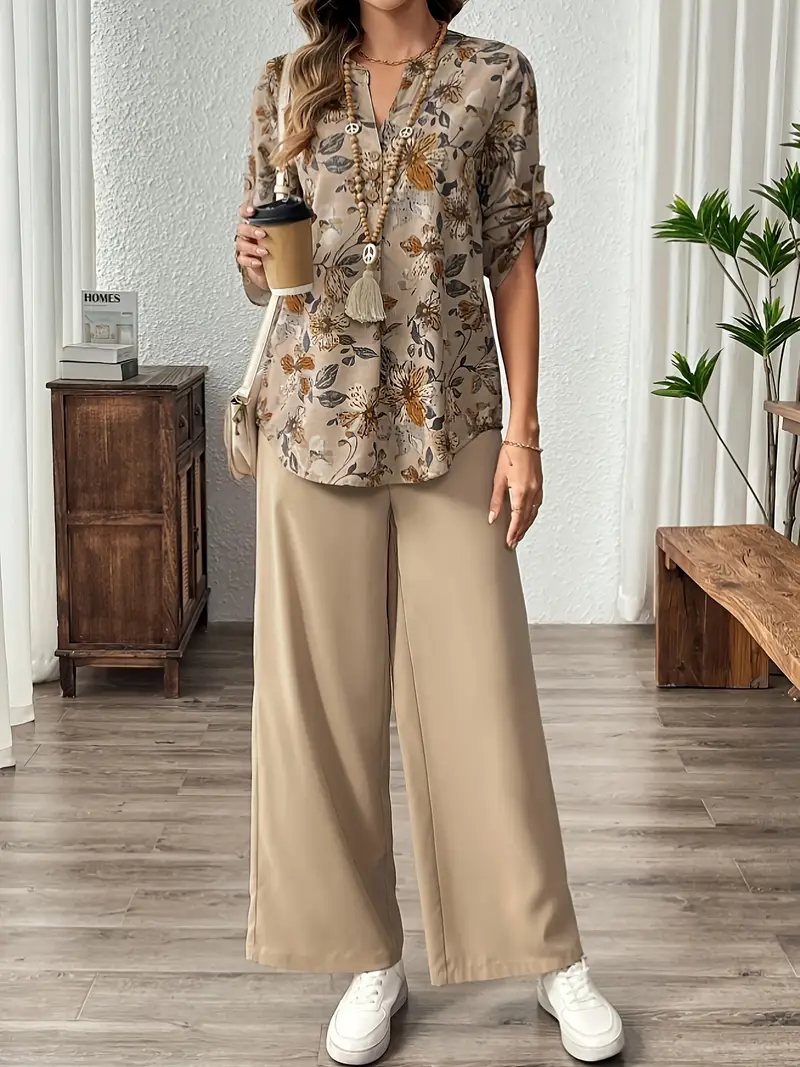 Floral Printed Blouse and Wide Pants Set