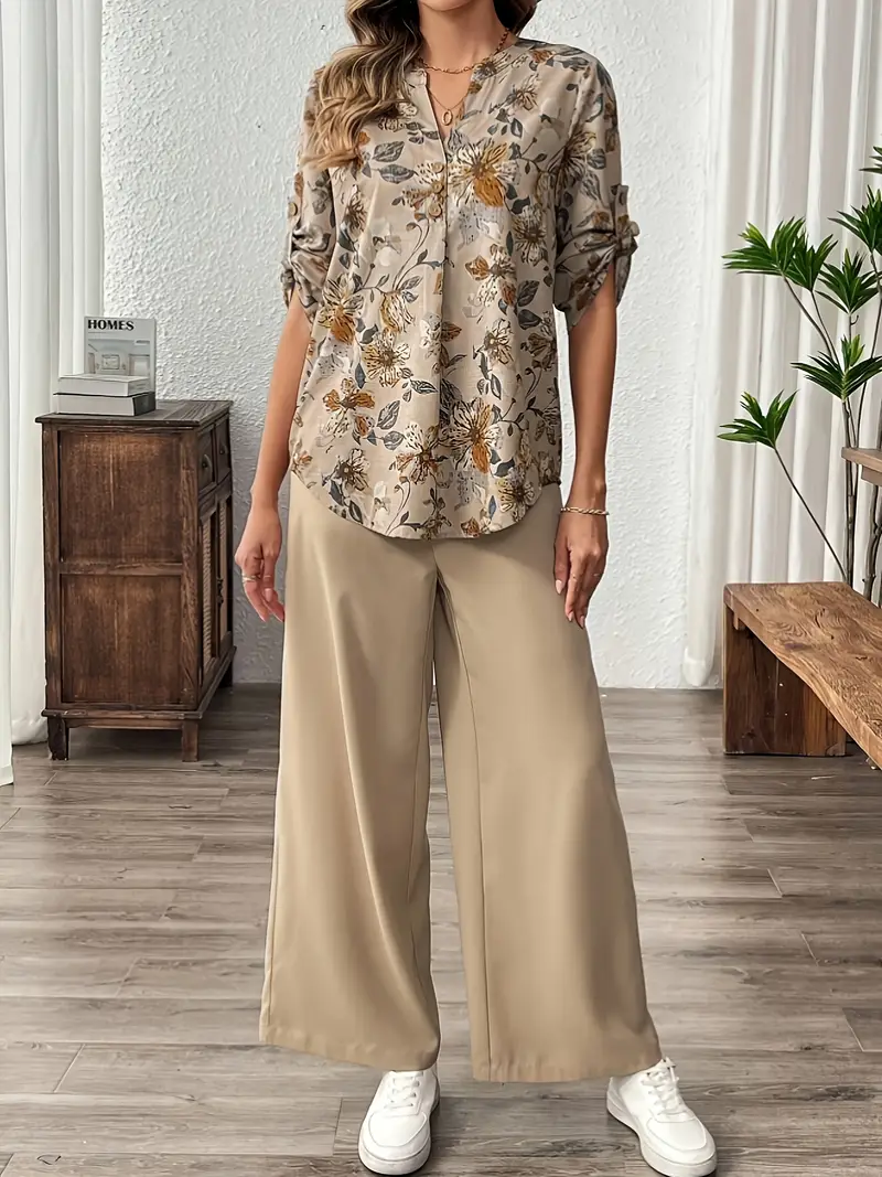 Floral Printed Blouse and Wide Pants Set
