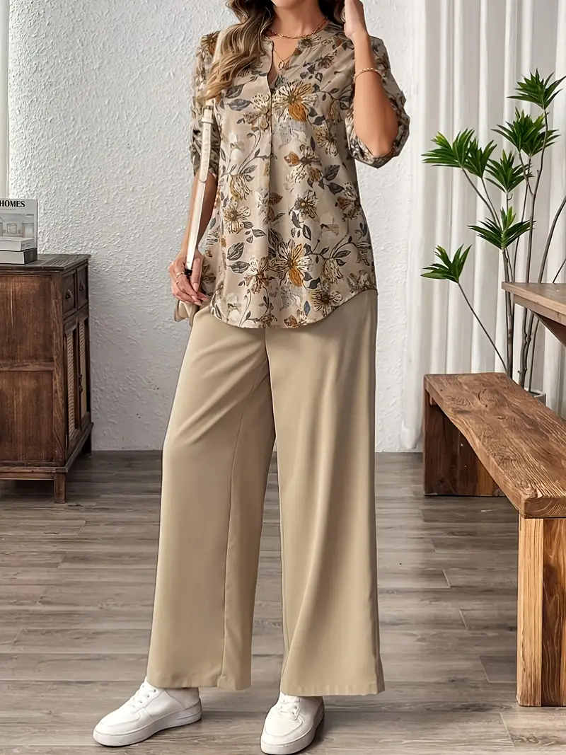 Floral Printed Blouse and Wide Pants Set