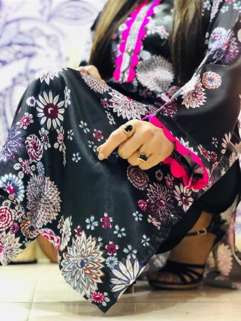 Floral Patterned black silk kurta