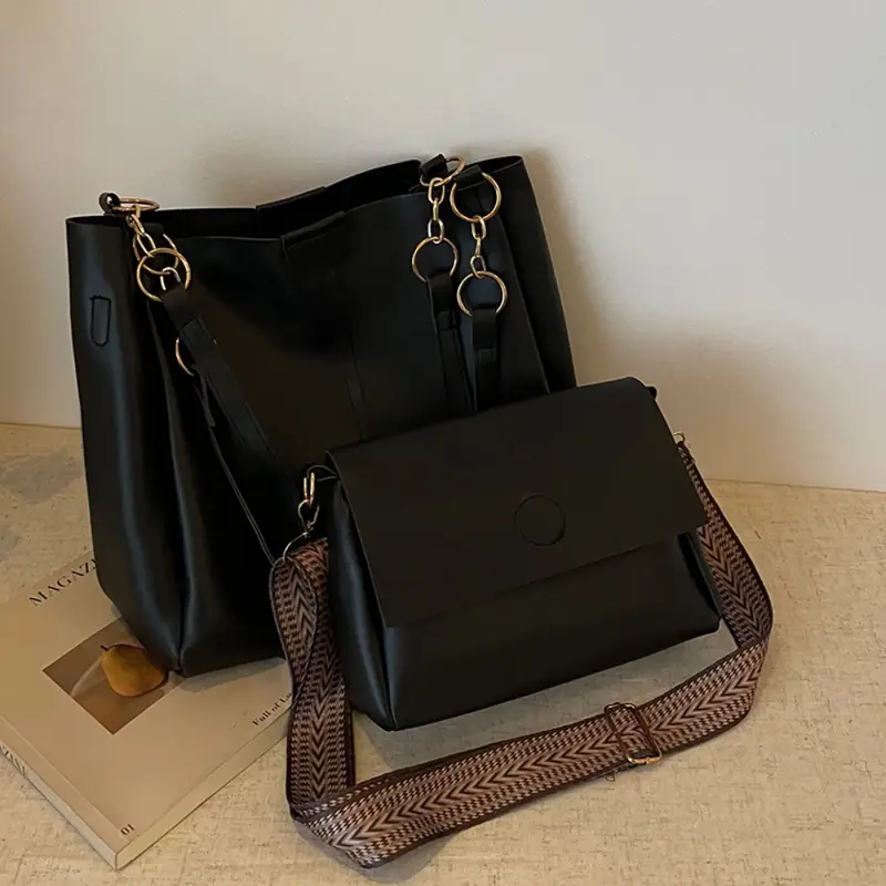 Black Leather Handbag Set