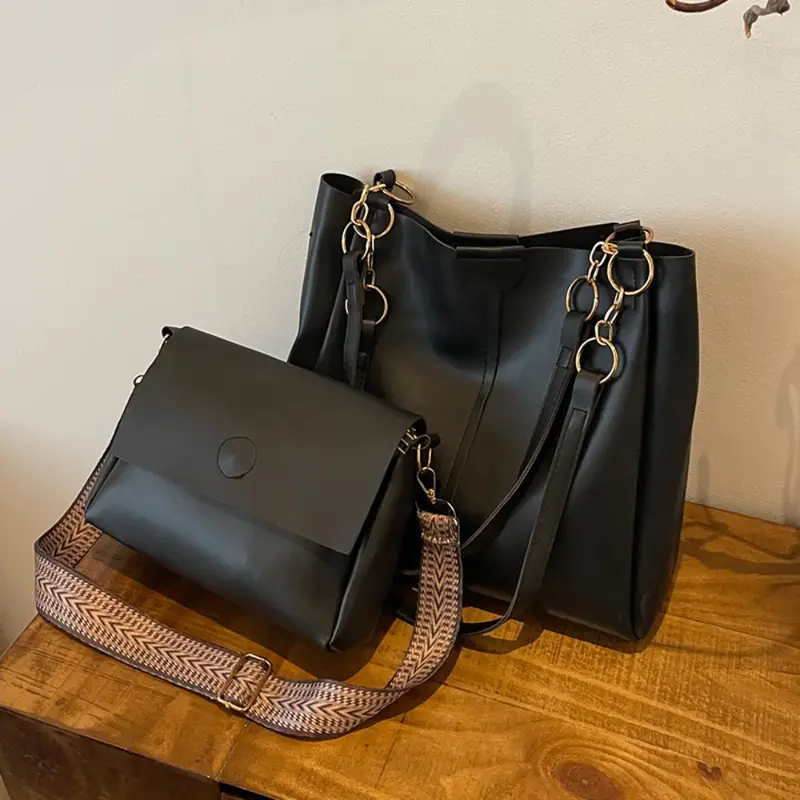 Black Leather Handbag Set