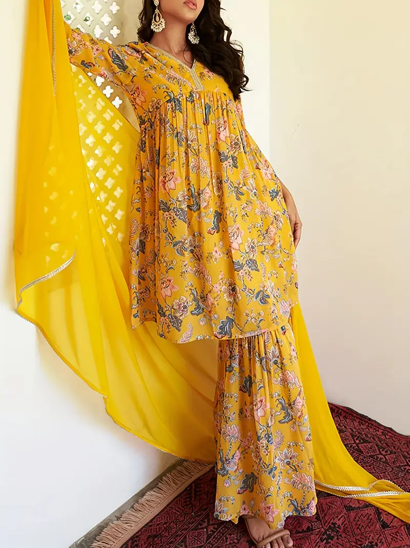 RANGREZ Floral Yellow Kurta Set