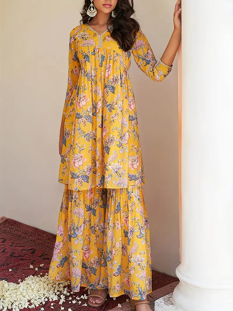 RANGREZ Floral Yellow Kurta Set