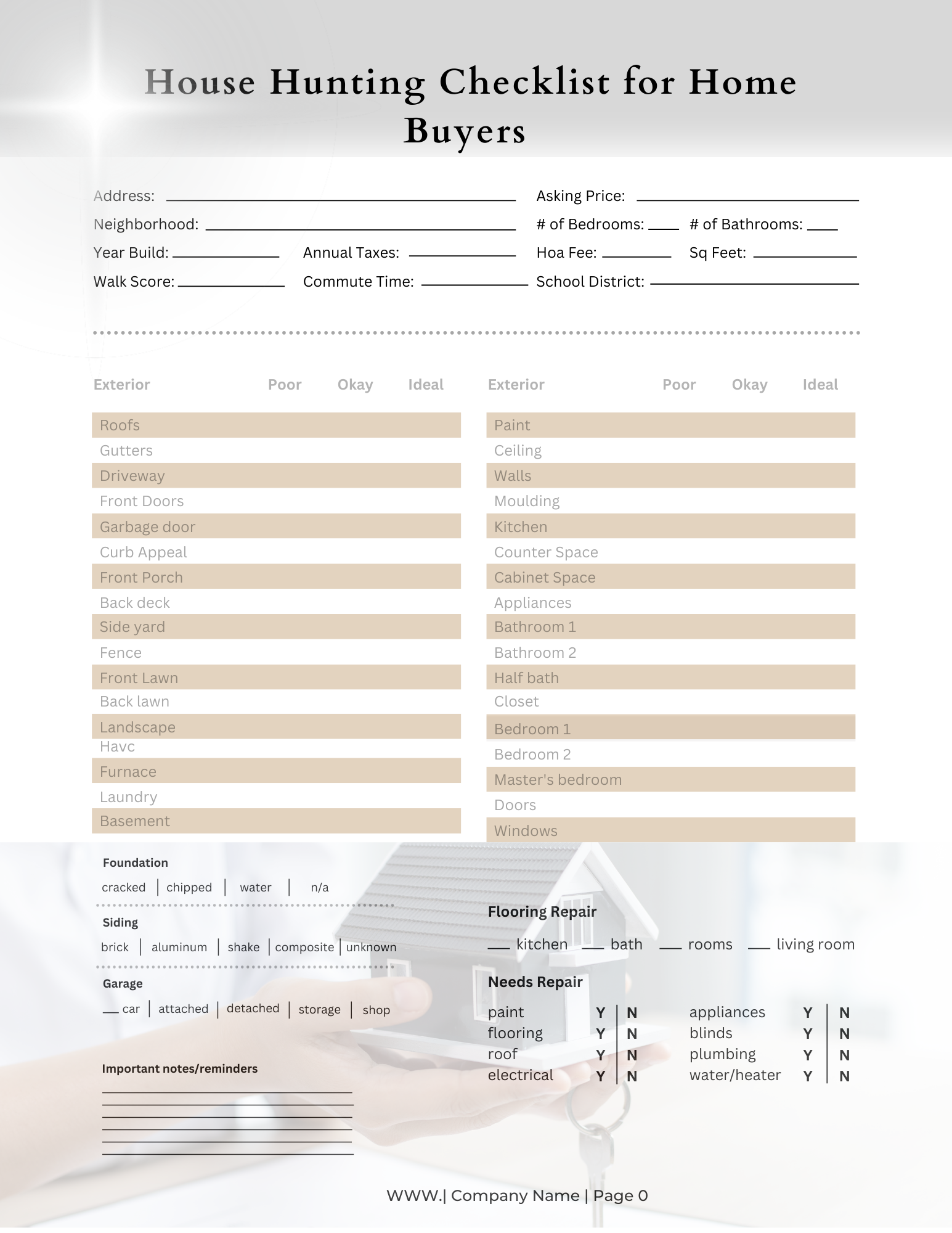House Hunting Checklist for Home Buyers 8x11