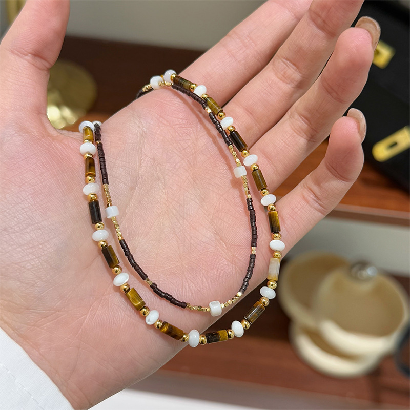 Vintage Mulled-Wine Style Tiger's Eye & Mother-of-Pearl Beaded Necklace