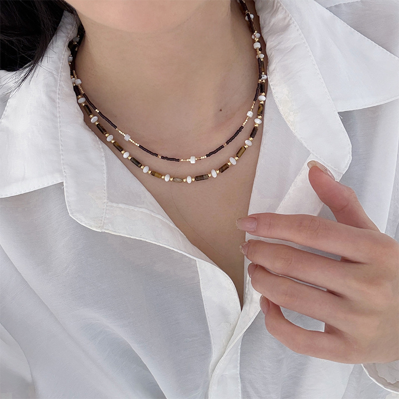 Vintage Mulled-Wine Style Tiger's Eye & Mother-of-Pearl Beaded Necklace