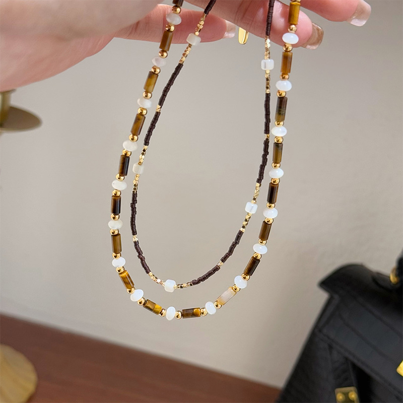 Vintage Mulled-Wine Style Tiger's Eye & Mother-of-Pearl Beaded Necklace