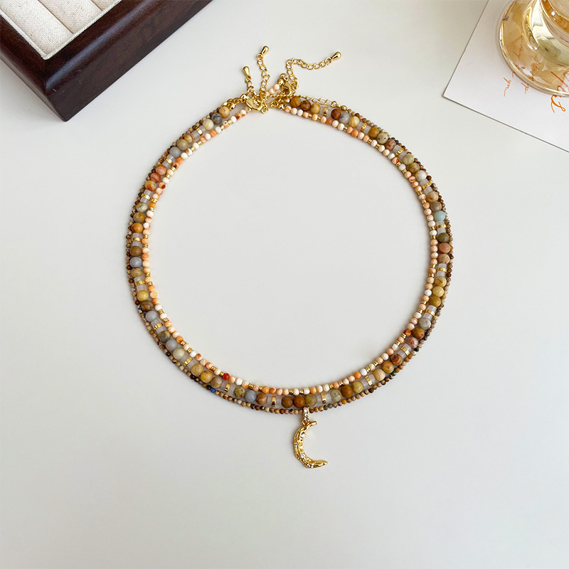 Bohemian Dopamine Moon Pendant Beaded Necklace