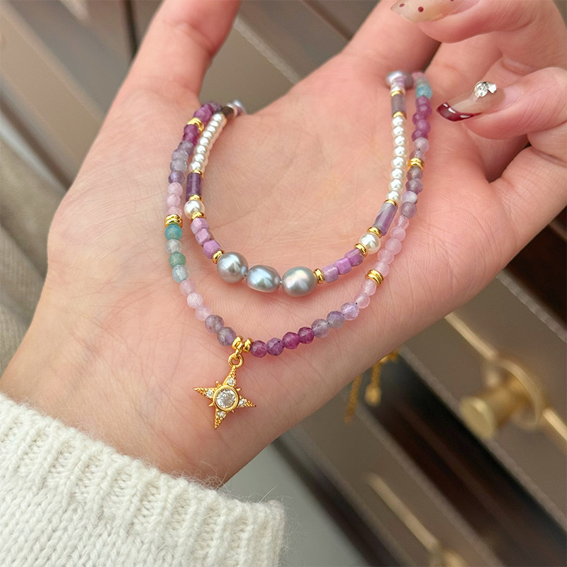 Vintage Lavender Gemstone Cross Beaded Necklace