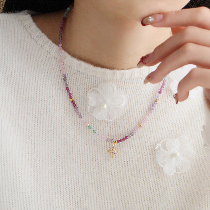 Vintage Lavender Gemstone Cross Beaded Necklace