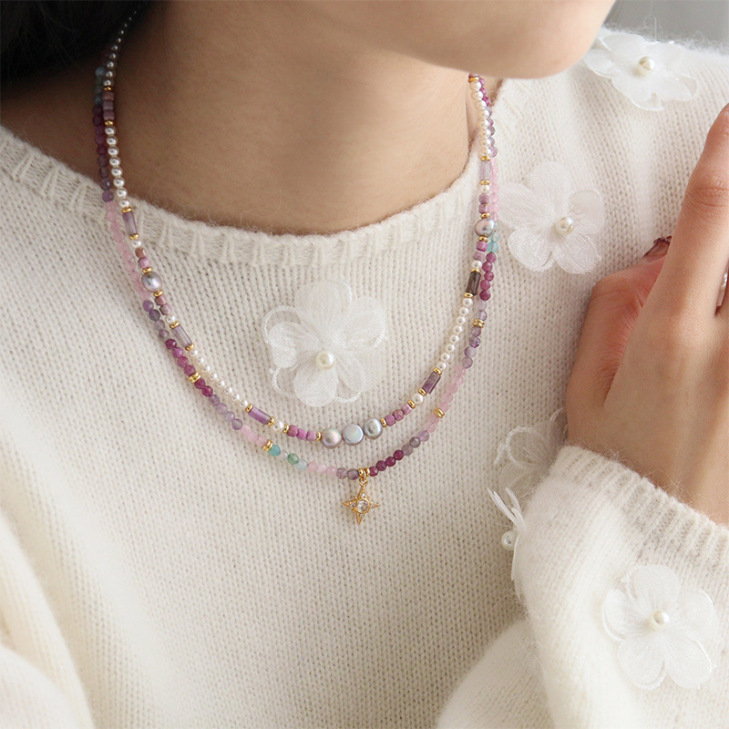 Vintage Lavender Gemstone Cross Beaded Necklace
