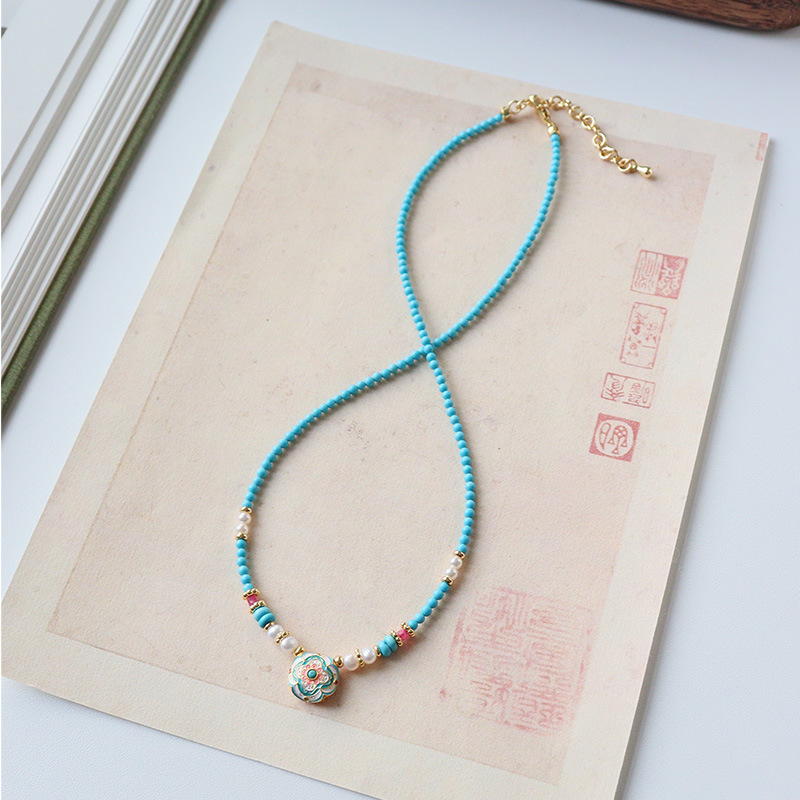 Neo-Chinese Cloisonné Enamel & Turquoise Necklace