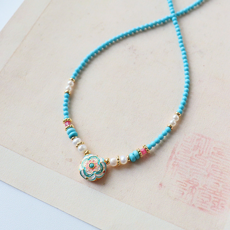 Neo-Chinese Cloisonné Enamel & Turquoise Necklace
