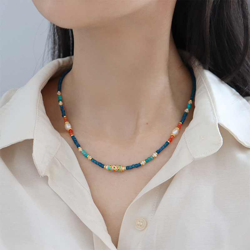 Neo-Chinese Drip-Glaze Floral & Gemstone Necklace