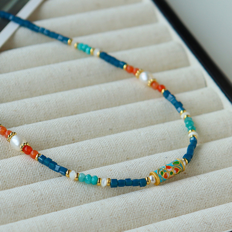 Neo-Chinese Drip-Glaze Floral & Gemstone Necklace