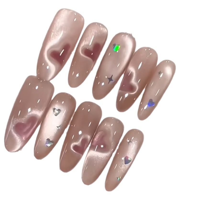 Glossy Pink Press-On Nails with Hearts and Stars