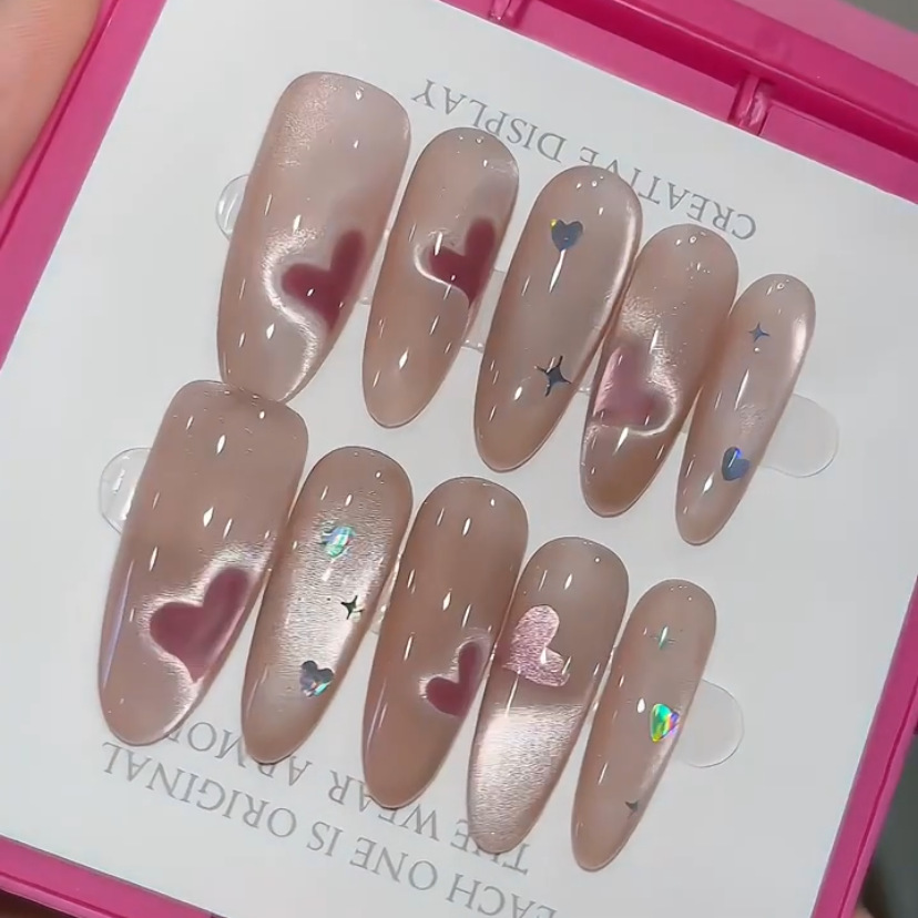 Glossy Pink Press-On Nails with Hearts and Stars