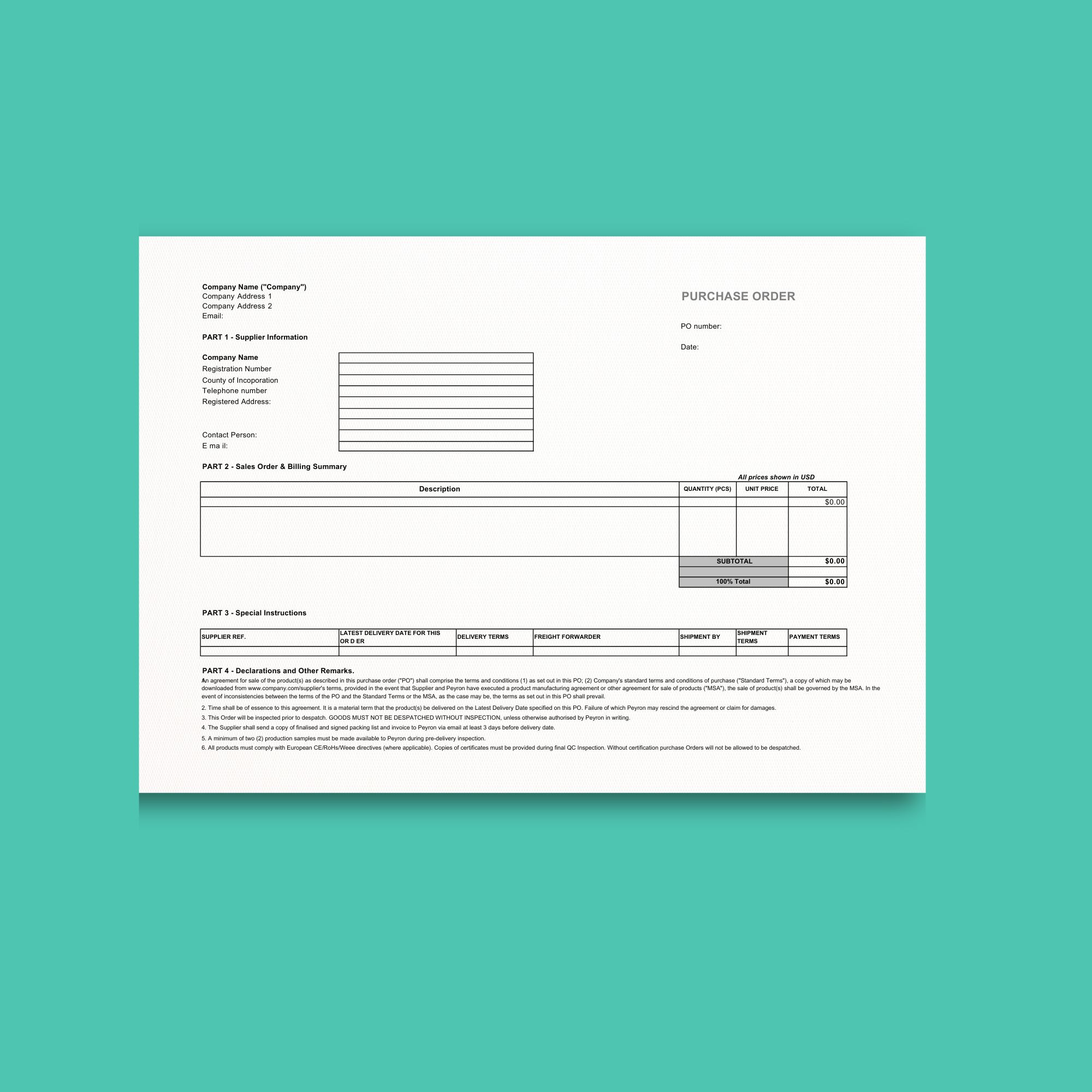 Purchase Order for Manufacturing & Sourcing