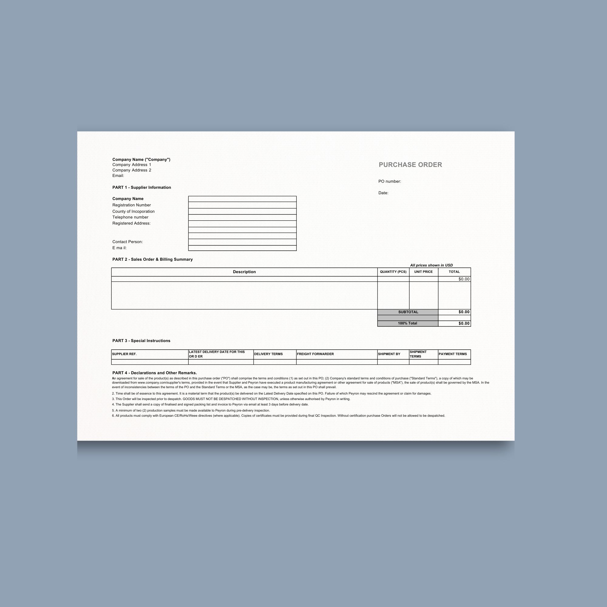 Purchase Order for Distribution & Trading