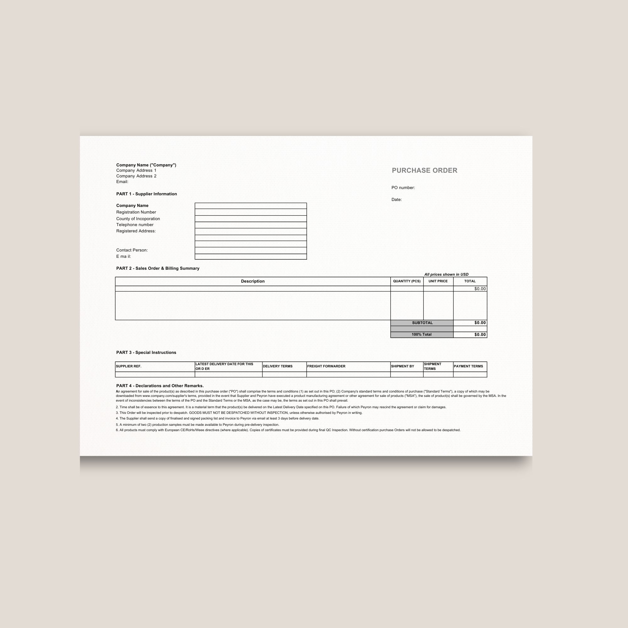 Purchase Order for Business Services