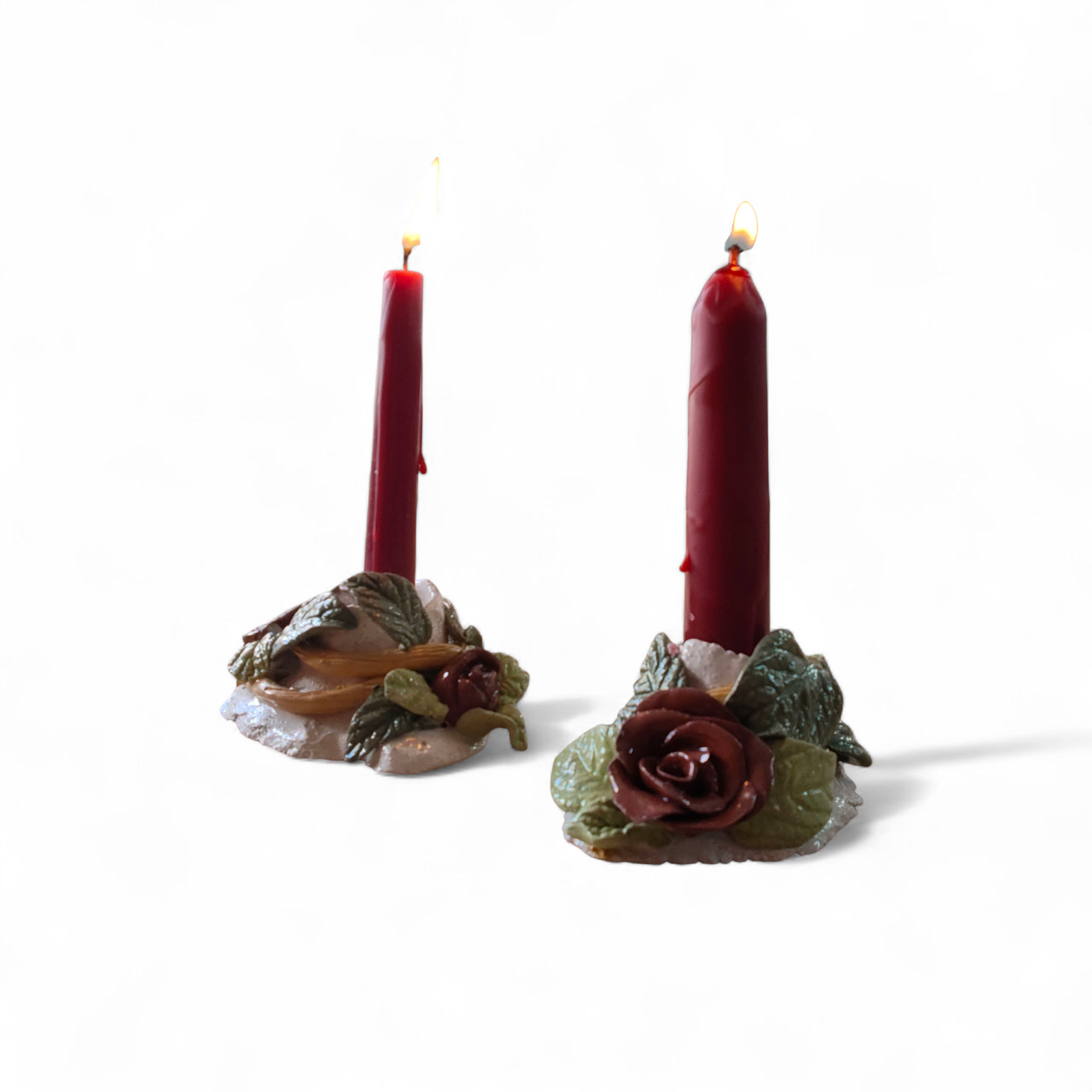 Set Portavelas Cerámicos con Rosa - Velas largas incluidas 