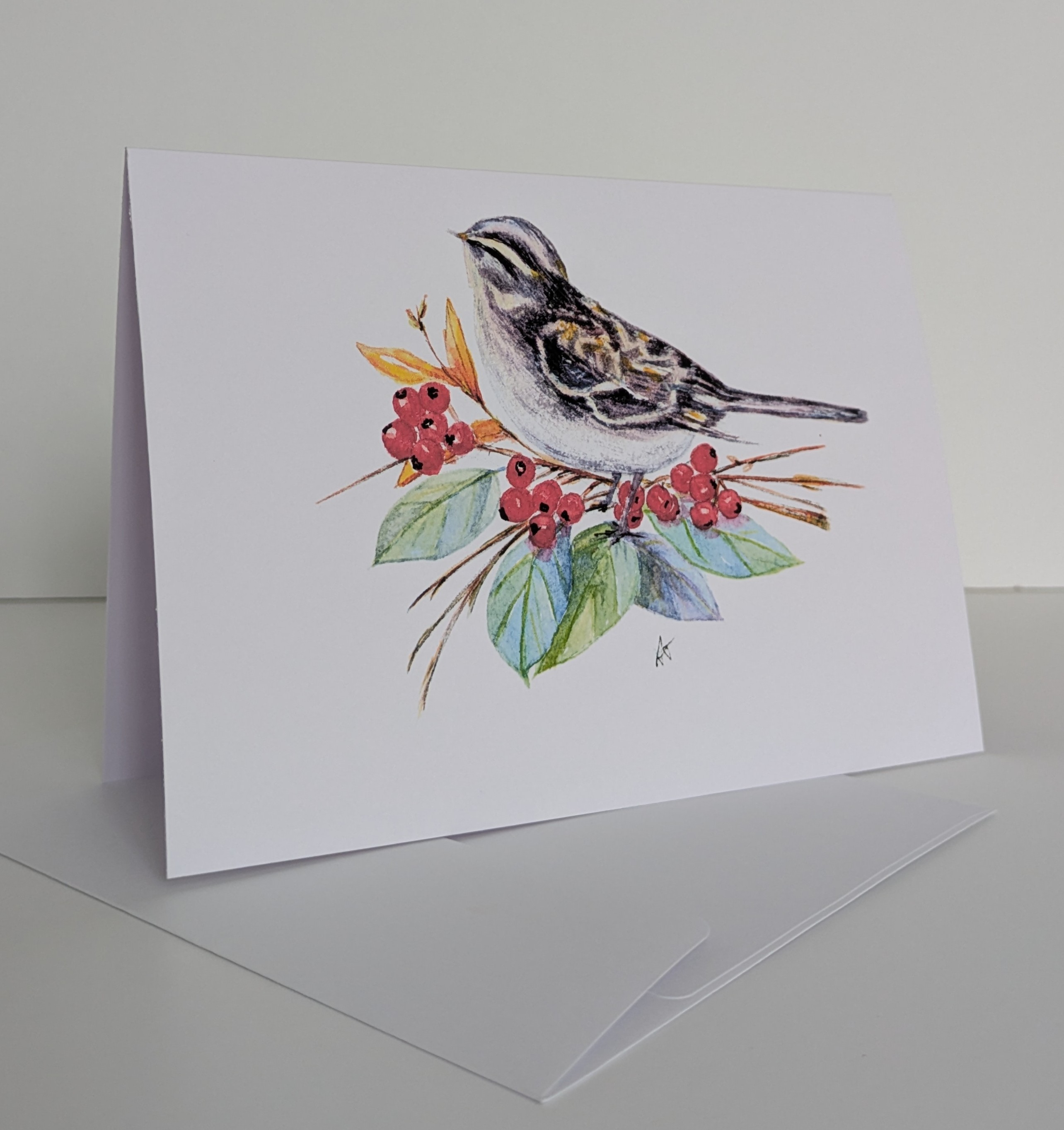 Watercolor Bird with Berries Greeting Card