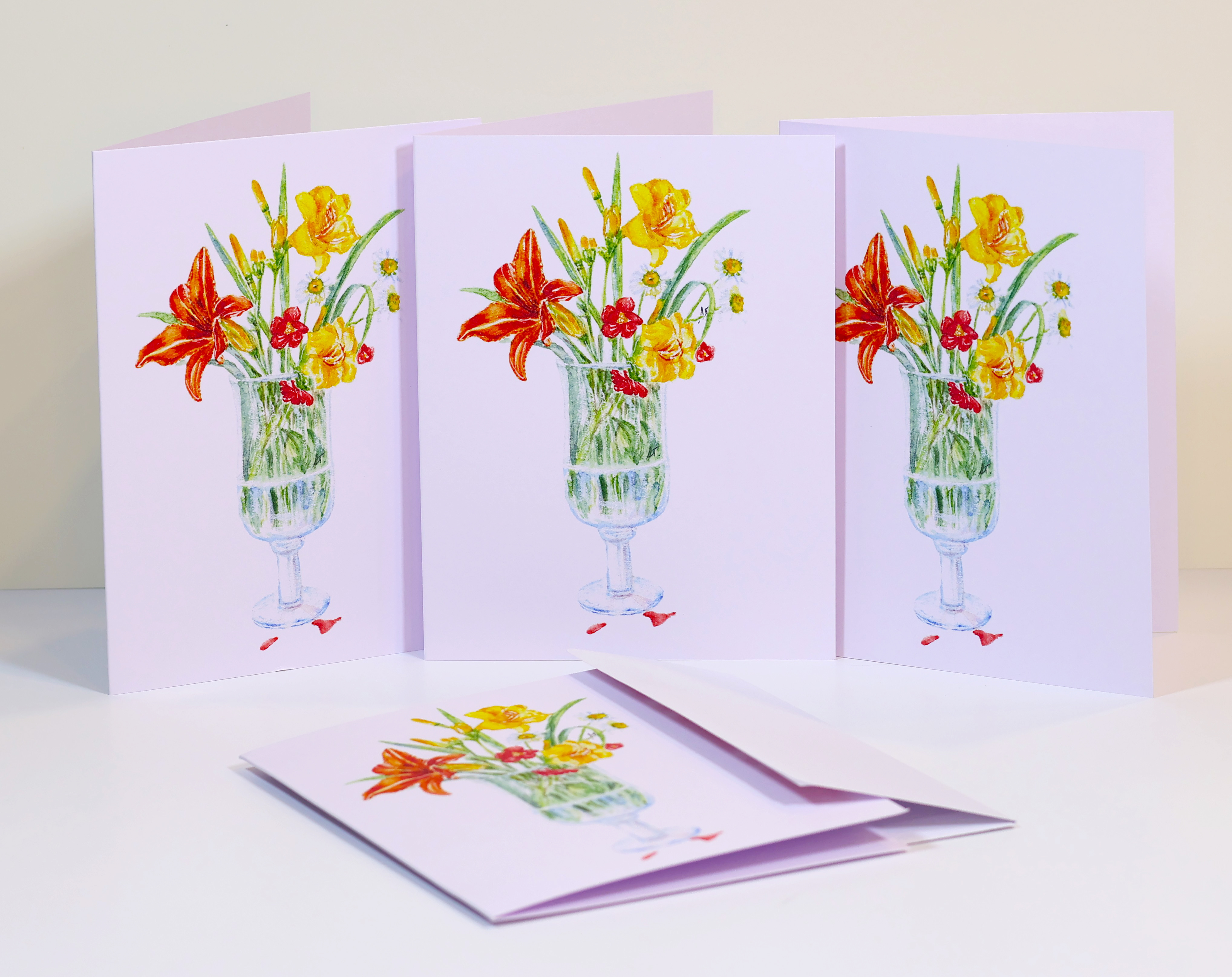 Day Lilies, Drift Roses and Wild Daisies in watercolor