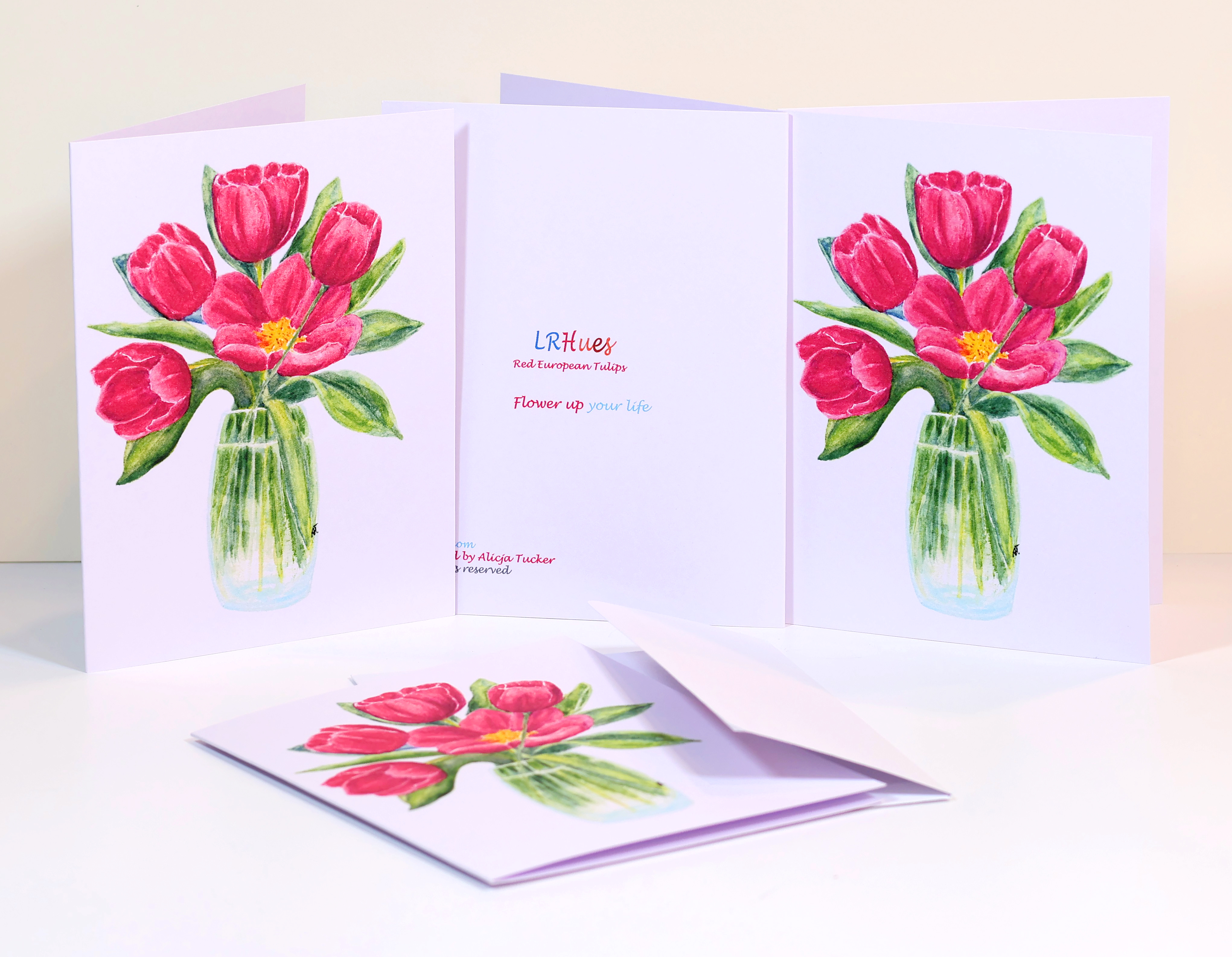 Watercolor Red Tulip Bouquet in Glass Vase