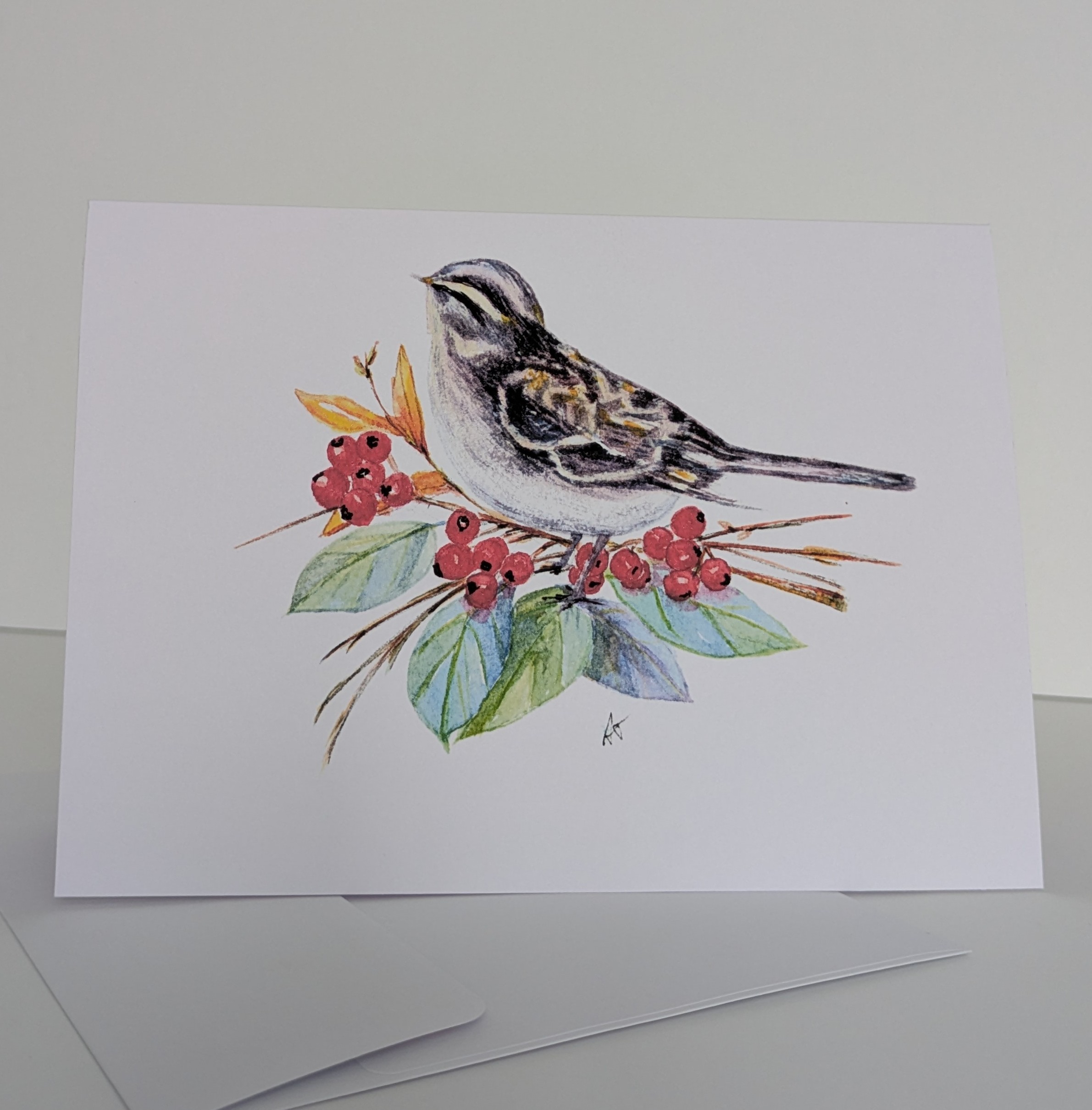 Watercolor Bird with Berries Greeting Card