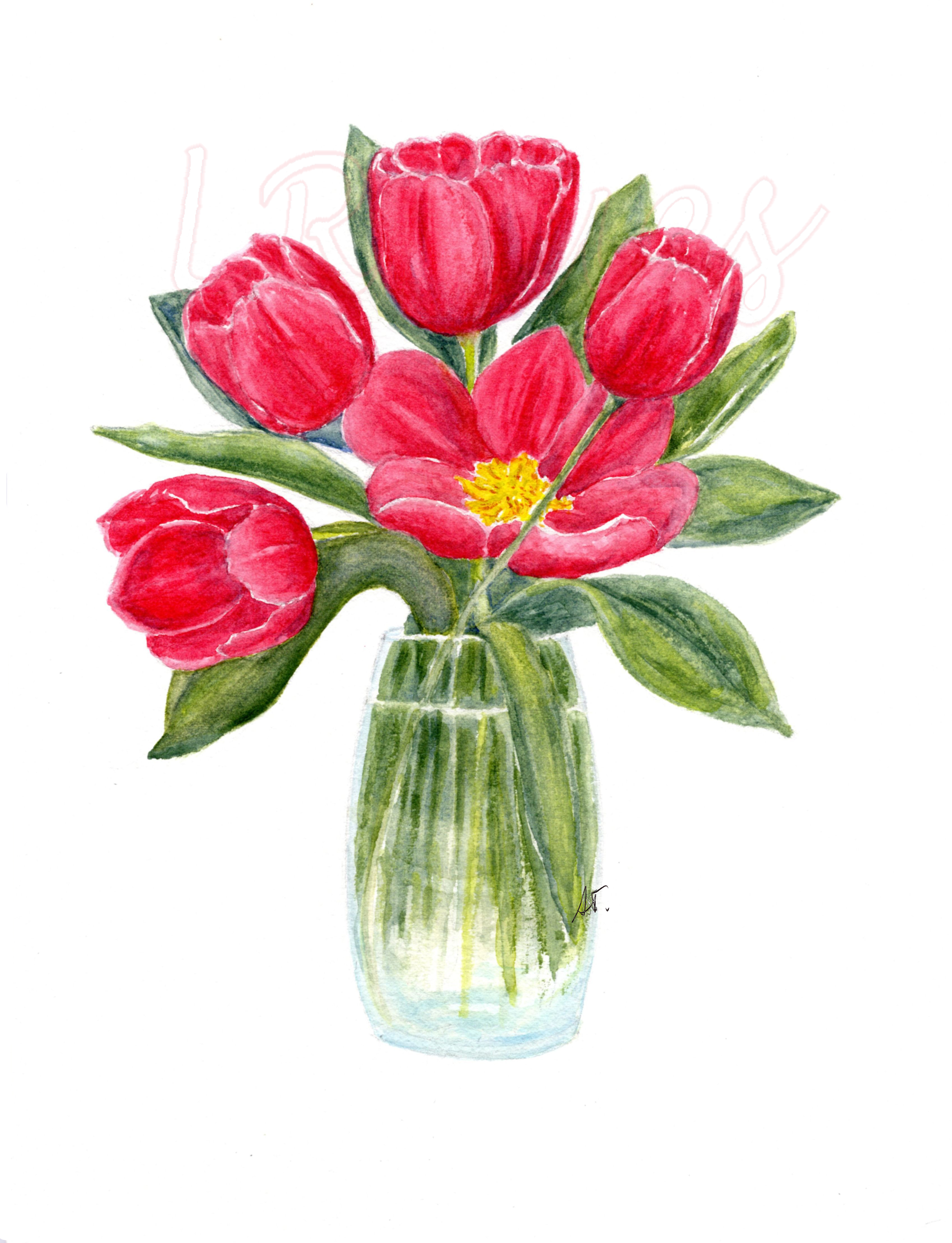 Watercolor Red Tulip Bouquet in Glass Vase