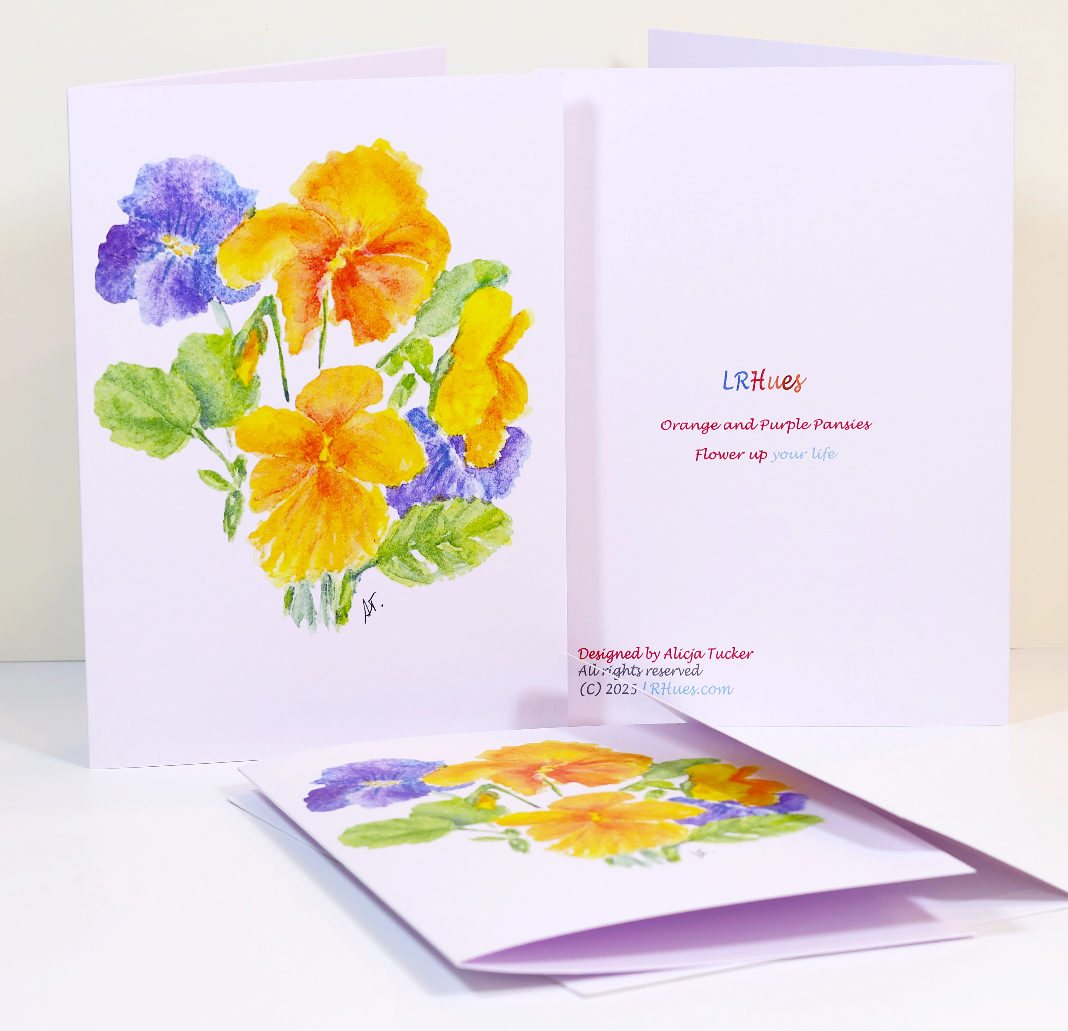 Watercolor Orange and Purple Pansies 