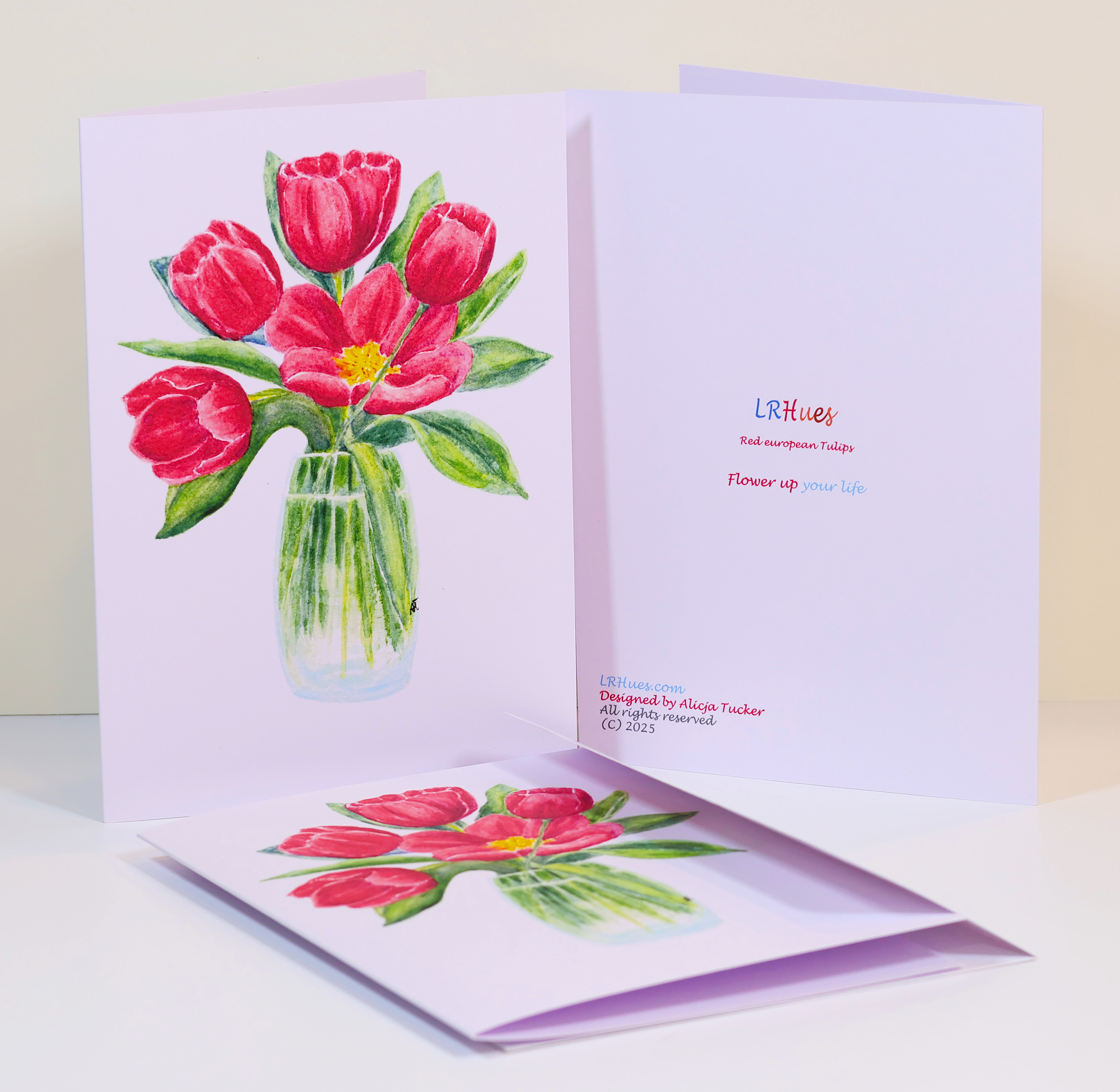 Watercolor Red Tulip Bouquet in Glass Vase