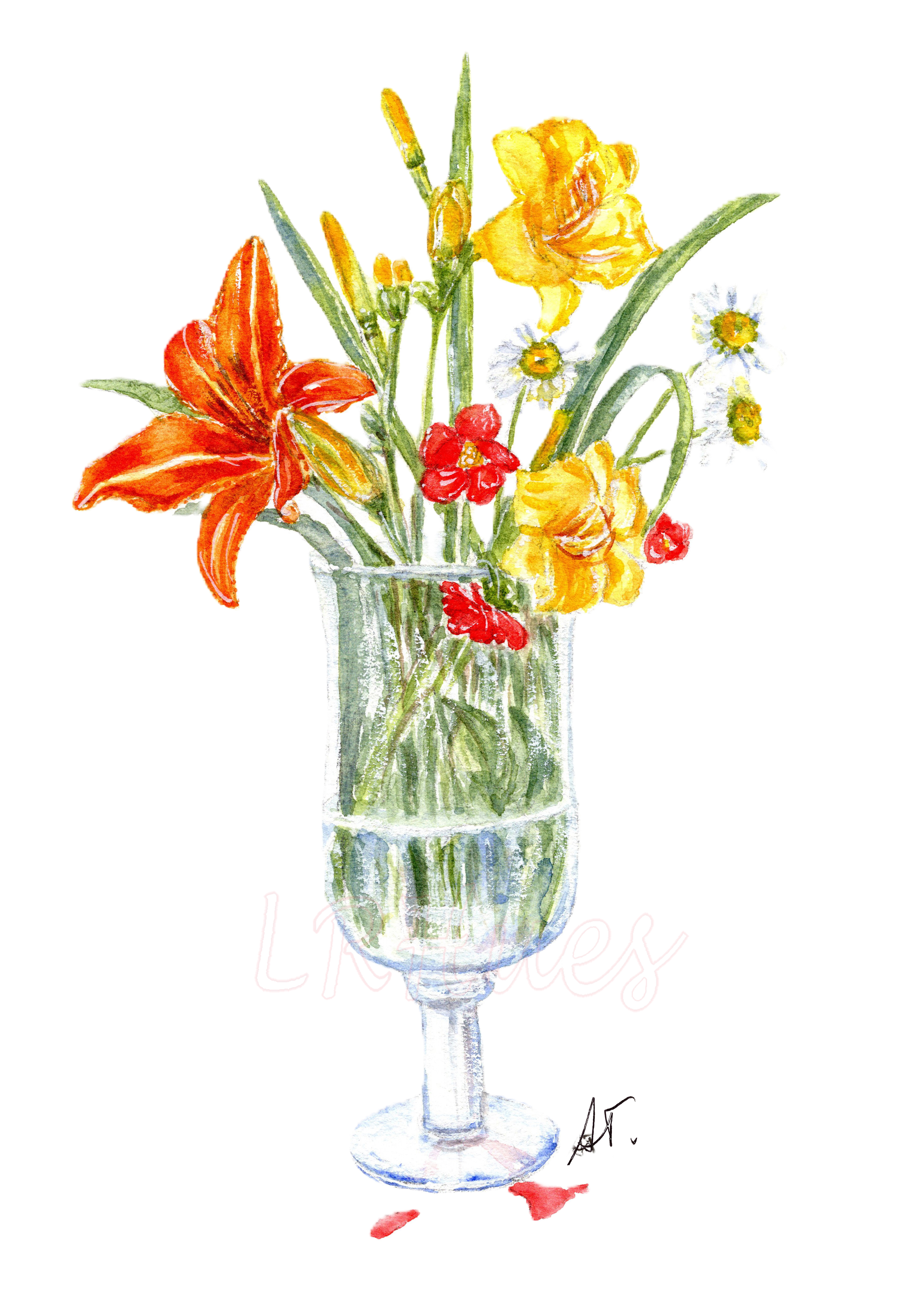 Day Lilies, Drift Roses and Wild Daisies in watercolor