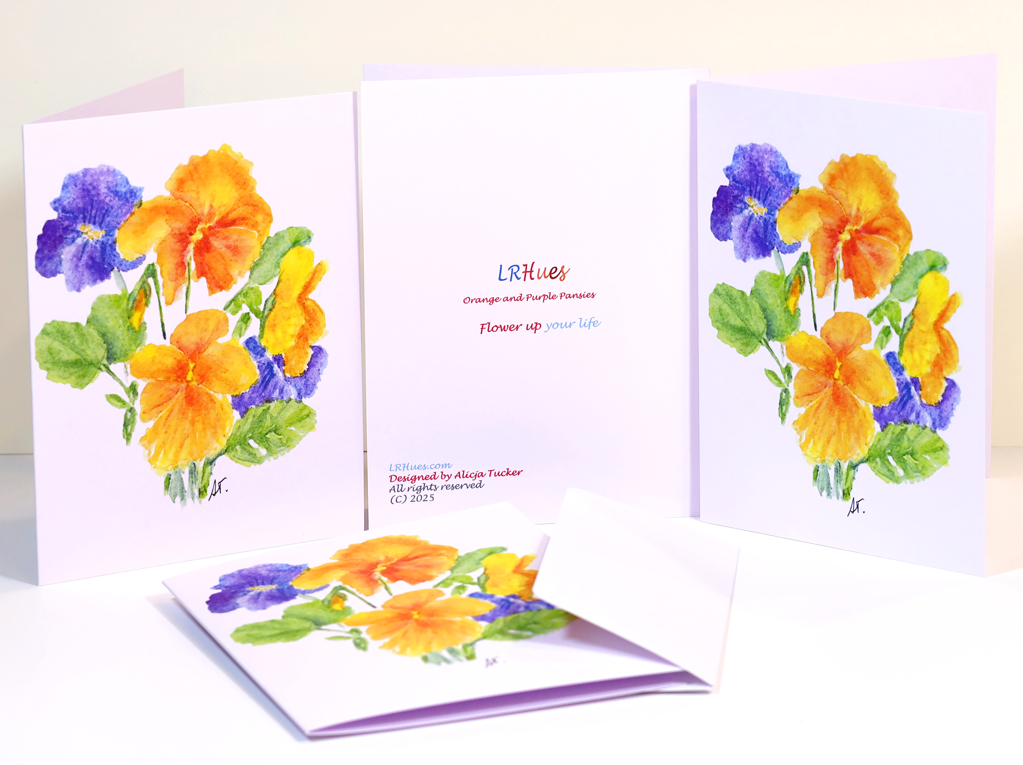 Watercolor Orange and Purple Pansies 