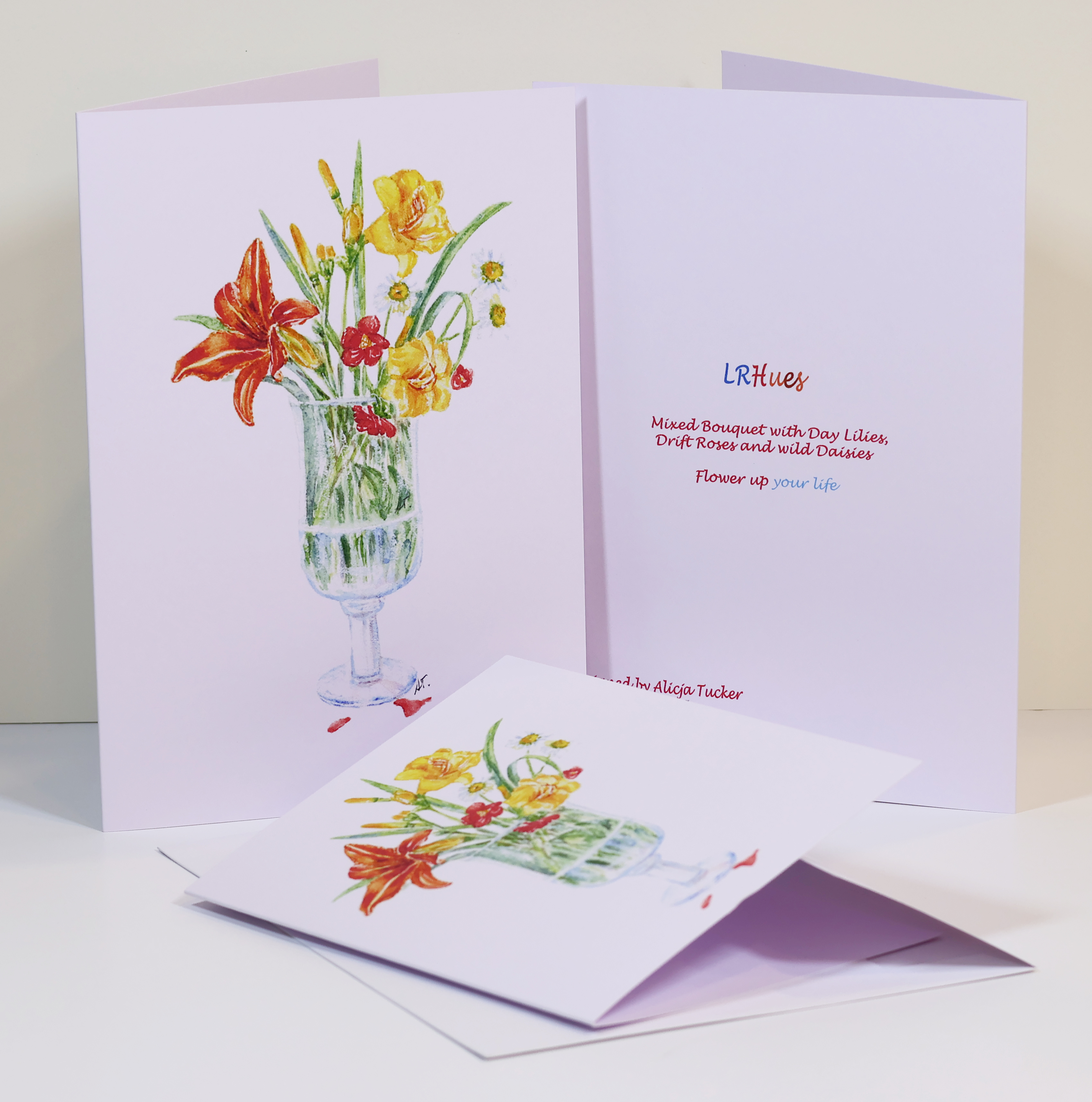 Day Lilies, Drift Roses and Wild Daisies in watercolor