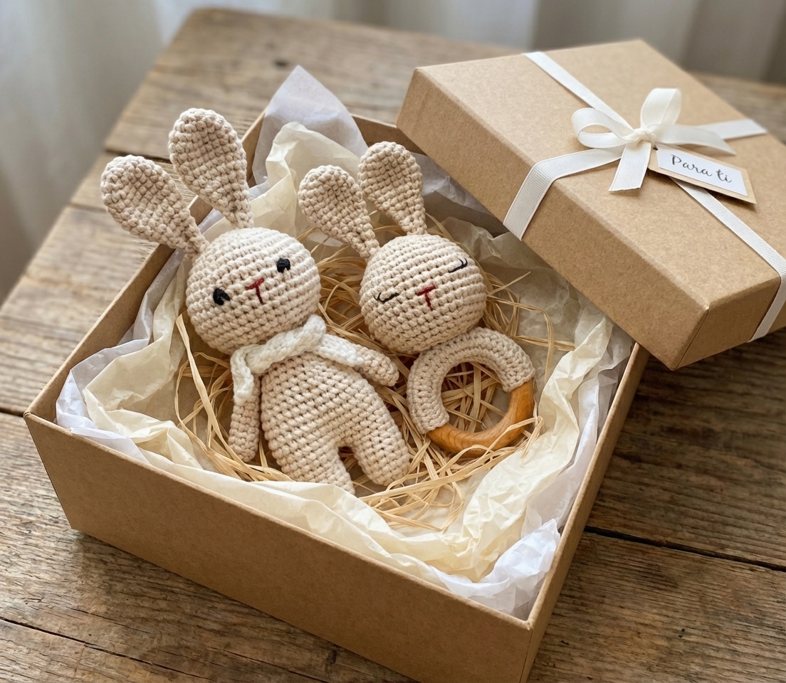 Set de Regalo "Dulce Compañía": Conejito y Sonajero Artesanal.