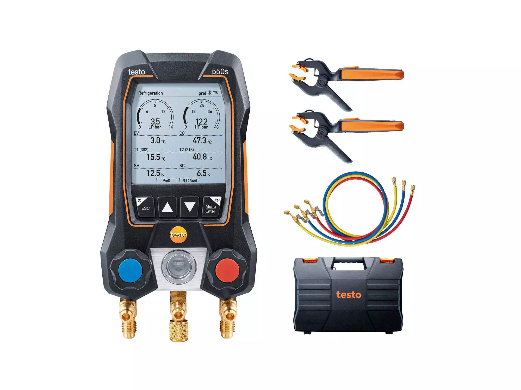Set Smart testo 550s con tubos flexibles de llenado - Analizador digital de refrigeración inteligente con sondas de temperatura inalámbricas de pinza y juego de 3 tubos flexibles de llenado