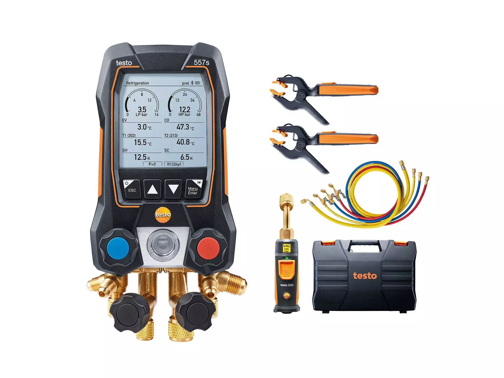 Set de vacío Smart testo 557s con tubos flexibles de llenado - Analizador digital de refrigeración inteligente con sondas de temperatura inalámbricas de pinza y de vacío y juego de 4 tubos flexibles de llenado