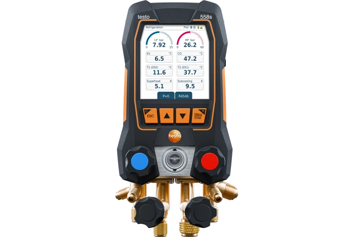 testo 558s - Analizador digital de refrigeración con bloque de válvulas de 4 vías y pantalla táctil intuitiva