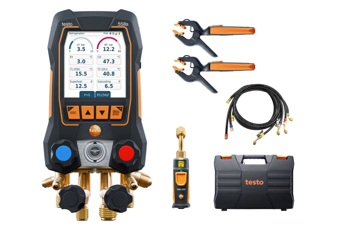 Set de vacío Smart testo 558s con tubos flexibles de llenado - Analizador digital de refrigeración inteligente con sondas inalámbricas de temperatura y vacío, y juego de 4 tubos de llenado